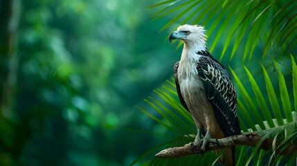 Obraz premium A striking close-up of a white-and-dark-gray eagle perched on a branch amidst vibrant green tropical foliage.