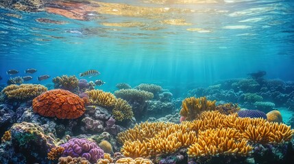 Naklejka premium A vibrant coral reef ecosystem underwater, teeming with colorful fish, corals, and marine life. The clear turquoise water reflects the sunlight from above.