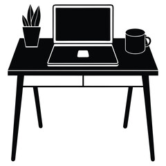 Minimalist Home Workstation with Laptop and Coffee Silhouette business