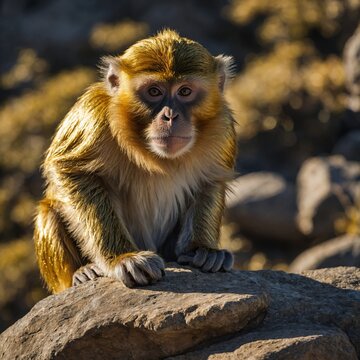 A metallic gold monkey perched on a rock, shimmering in the sunlight.