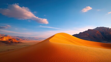 Naklejka premium [Desert landscape at sunrise or sunset with orange and pink hues] Desert Sunset with Orange-Hued Sky and Rolling Dunes