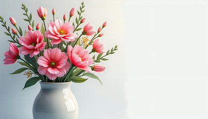 Realistic Digital Pink Cosmos Flowers in White Vase with Enhanced Colors
