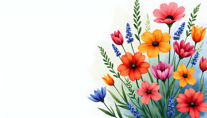 Vibrant Watercolor Bouquet with Orange Cosmos and Purple Tulips in Modern Style