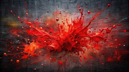 Vibrant red splatters on a dark canvas create an energetic and dynamic atmosphere , abstract art