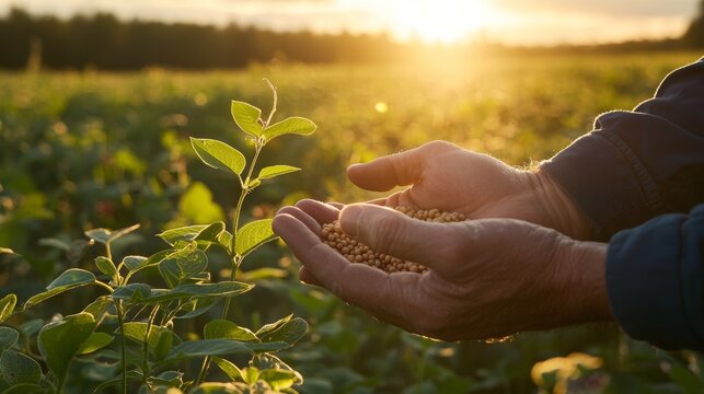 A farmer's hands cradling golden soybean grains, sunlight highlighting the smooth texture, a lush green soybean field spreading endlessly behind, rural scenery