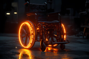 A glowing wheelchair with digital neon trails, symbolizing accessibility and inclusion