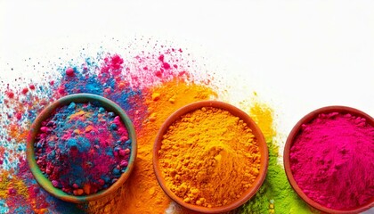 Happy Holi decoration, the indian festival.Top view of colorful holi powder on white background.
