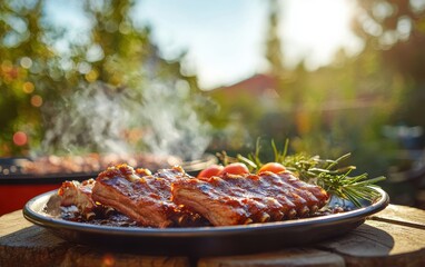 A plate of barbecue ribs served outdoors with a smoky grill in the background