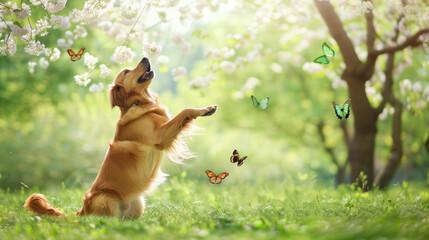 Golden Retriever on Hind Legs Catching Butterflies in Spring Meadow, a Joyful Scene of Nature's Beauty