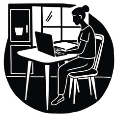 Silhouette of a Person Working on a Laptop at a Kitchen Table male    