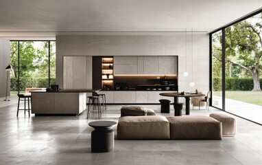 A modern open-plan living space with neutral tones, a minimalist kitchen, and a simple dining set