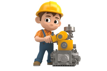 Factory Worker Operating Heavy Machinery 3D cartoon character, isolated on transparent or white background cut out, high definition