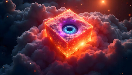 A geometric bright box shape adorned with shimmering details, a gigantic eye pulsating with purple and turquoise light, captured from above in a cosmic sea of swirling galaxies