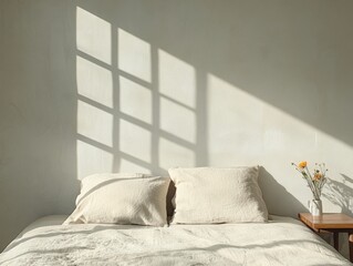 A cozy bedroom featuring a neatly made bed, natural light casting soft shadows on the textured walls