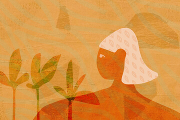 Woman wellbeing in tranquil landscape. Her hair with leaf design symbolising connection to nature