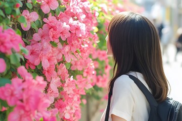 Naklejka premium Woman Admiring Pink Azalea Flowers in Spring