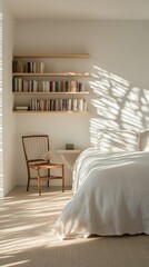 A serene bedroom with bookshelves in perfect order, warm light creating delicate shadow gradients