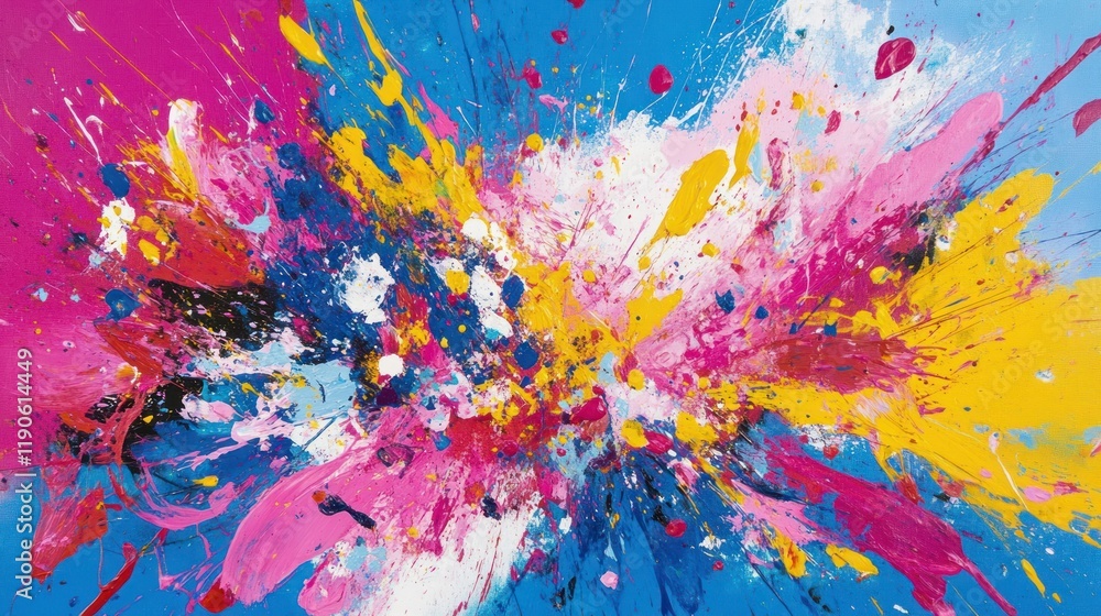 Poster abstract vibrant painting with dynamic brushstrokes and color explosion on canvas