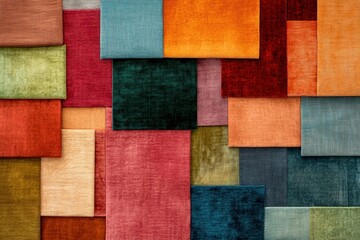 Fototapeta premium Vibrant Textile Texture Collection: Multicolored Fabric Swatches for Creative Design