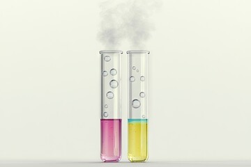 Science experiment two test tubes with liquids reacting, producing smoke.  Laboratory background. For science education