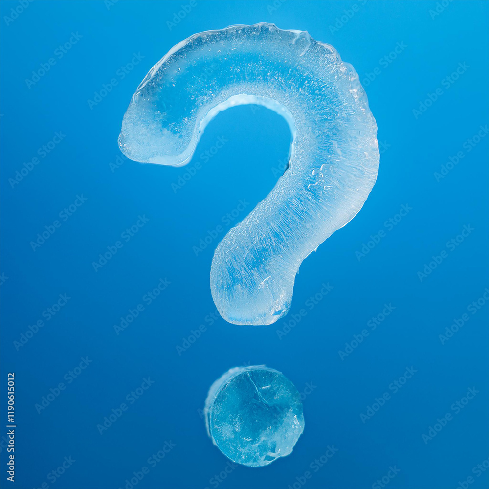 Poster question mark made of ice. faq and qa. problem solution. blue backdrop.
