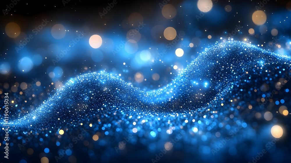 Poster abstract blue particle wave background with glowing glitter and sparkle