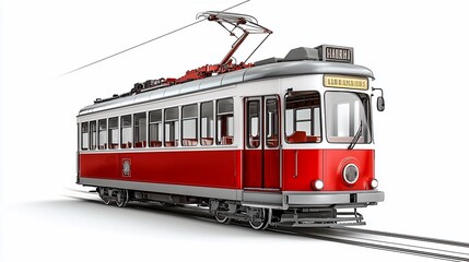 Vintage red and white electric tram on tracks.