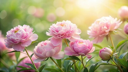 Fototapeta premium Soft pink peony flowers arranged in a delicate floral pattern with lush greenery and subtle sunlight filtering through the petals , peaceful, delicate