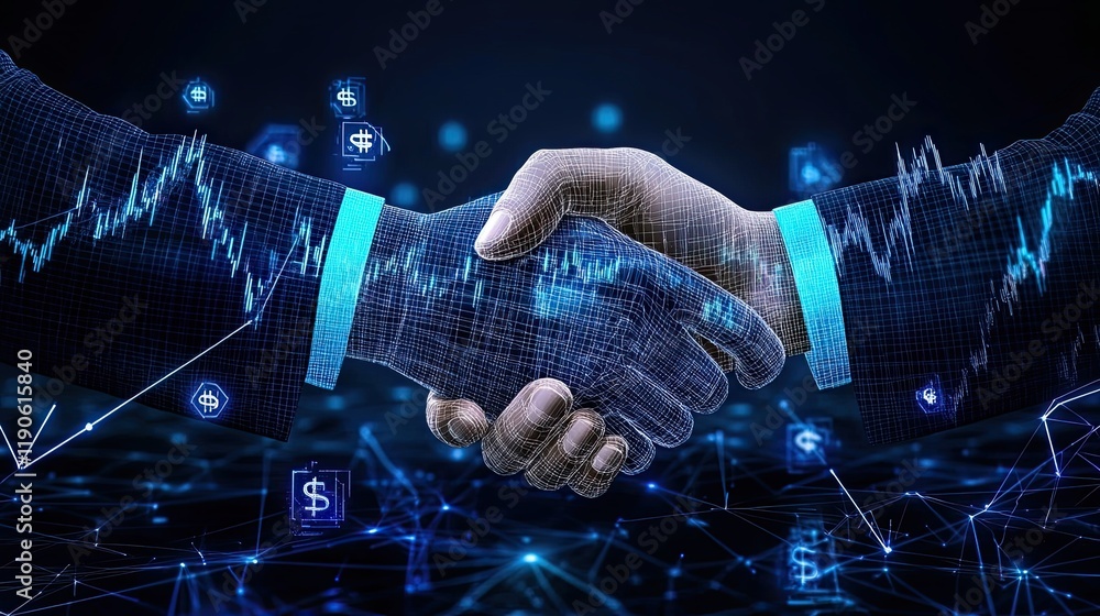 Poster a digital handshake symbolizes collaboration and trust in a tech-driven world, surrounded by data an