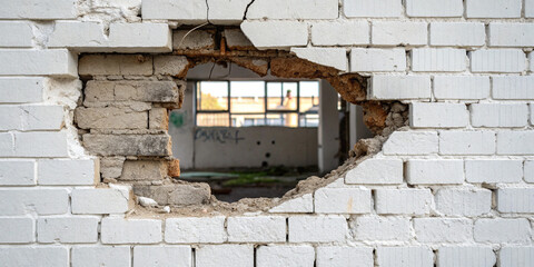 Charming Damaged White Brick Wall Featuring a Hole for Unique Visual Appeal