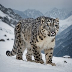 Snow leopard portrait. Snow leopard smirking and walking towards camera. Panthera uncia. Snow leopard. Irbis. Uncia uncia. Portrait close-up.


