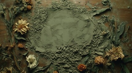Artful arrangement of clay powders and dried flowers on a textured wooden table.