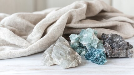 Artisanal presentation of ancient minerals, green and blue clays, on natural linen fabric.