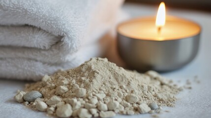 A calm spa scene with ancient minerals, clay powders, and a lit candle.