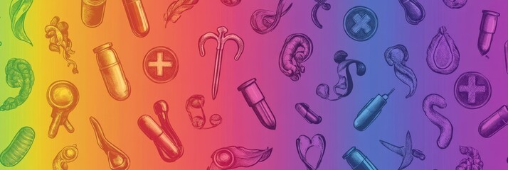 Seamless Pattern of Medical Symbols and Anatomic Drawings on a Tie-Dye Rainbow Gradient