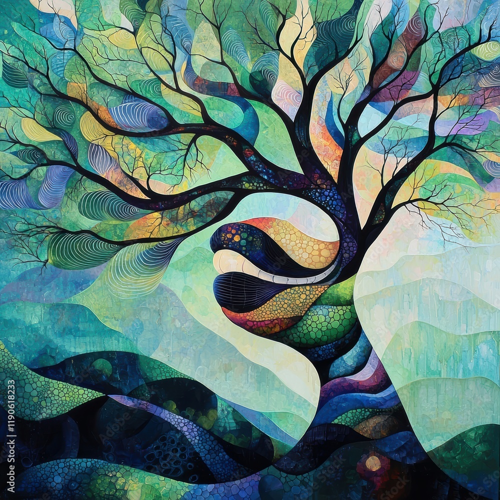 Poster a vibrant, abstract tree silhouette surrounded by a colorful swirl of patterns and textures.