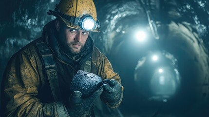 Fototapeta premium A miner holding a piece of coal under industrial lighting in a tunnel.