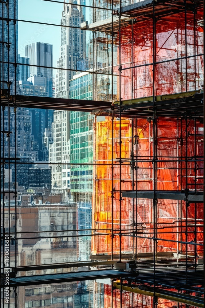 Poster a dynamic image of scaffolding at a construction site, with city buildings visible in the background