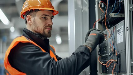 A worker in an orange helmet and vest repairs electrical equipment in an industrial setting.