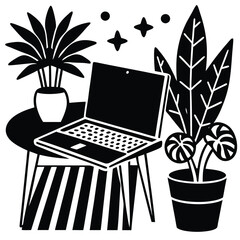 Fashionable Workspace with Laptop and Decorative Plant Motif Chic     