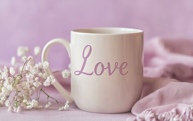 A romantic mug mockup with Love written in elegant cursive, placed on a soft pastel lavender background for valentines day