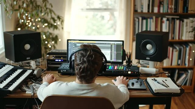 Cozy Home Studio Podcaster at Work with Books and Warm Lighting