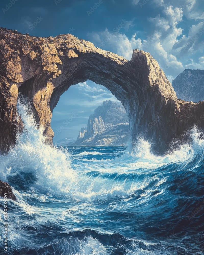 Poster a dynamic image of waves crashing into a sea arch carved into a cliffside by years of erosion
