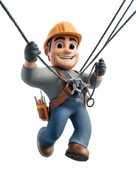 Electrician Repairing A Power Line 3D cartoon character, isolated on transparent or white background cut out, high definition