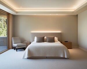 A luxurious bedroom featuring symmetrical furnishings, ambient lighting casting soft shadow patterns