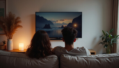 Naklejka premium Couple watching TV in cozy living room