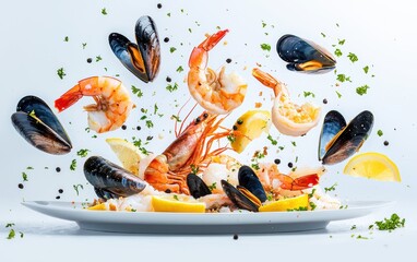 Naklejka premium A seafood platter with shrimp, mussels, and lemon wedges flying dynamically above on a white background