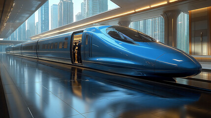 Fototapeta premium Sleek Blue Bullet Train Arriving at a Futuristic Urban Station With Skyscrapers in the Background During Daytime