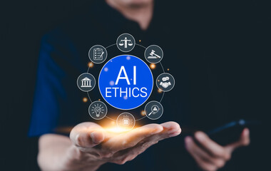 AI ethics and law in artificial intelligence governance. Icons related to AI ethics, symbols of...