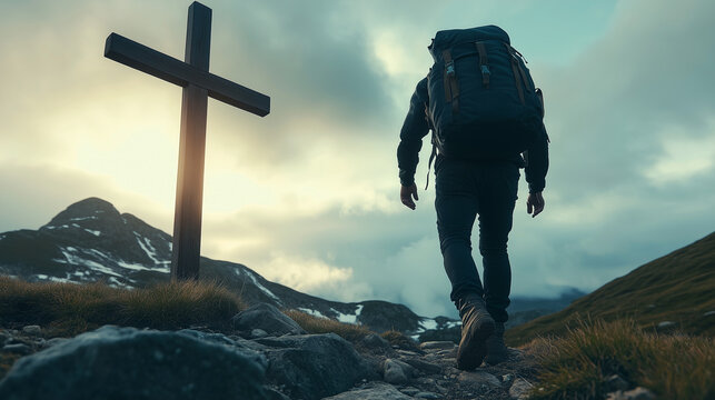 Hombre sube una monta&ntilde;a en cuyo punto m&aacute;s elevado hay una cruz cat&oacute;lica